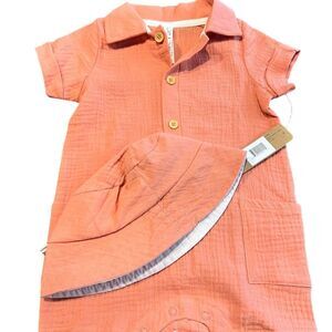 NWT Liam & James Baby Girl 2-Piece Romper & Sun Hat Set Size 12M Peach/Brown
